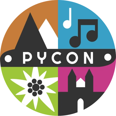 PyCon Austria logo featuring stylized mountains, musical notes, a church, and an edelweiss flower, with the text 'PyCon'.